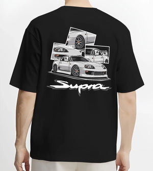 Black T-shirt worn by a male model, back view, featuring Toyota Supra turbo turbocharged jdm street classic racing graphic.
