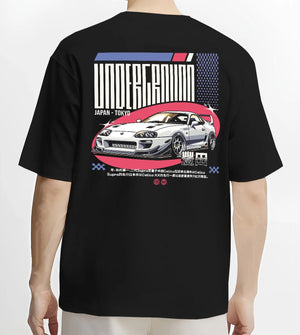 Black T-shirt worn by a male model, back view, featuring Toyota Supra drift tokyo underground tokyo drift racing street graphic.