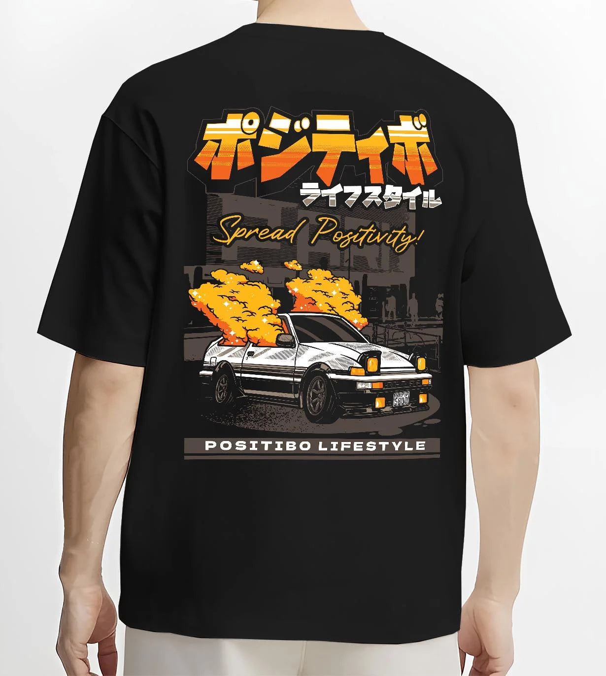 Black T-shirt worn by a male model, back view, featuring Toyota AE86 drift jdm racing street performance motorsport graphic.
