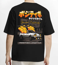 Black T-shirt worn by a male model, back view, featuring Toyota AE86 drift jdm racing street performance motorsport graphic.