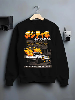 Black crewneck sweatshirt on a hanger against a grey wall, featuring Toyota AE86 drift jdm racing street performance graphic.