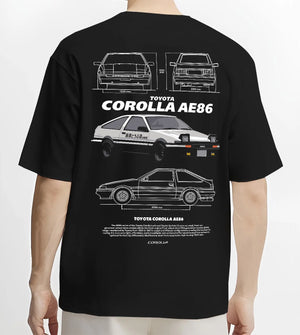 Black T-shirt worn by a male model, back view, featuring Toyota AE86 drift legend racing street performance motorsport graphic.