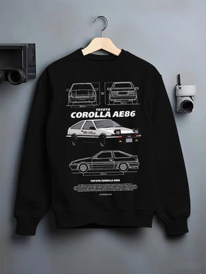 Black crewneck sweatshirt on a hanger against a grey wall, featuring Toyota AE86 drift legend racing street performance graphic.