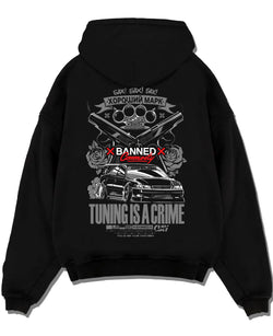Black pullover hoodie laid flat on a white background, featuring Toyota Supra JZA80 supra turbo racing drift jdm stance graphic.