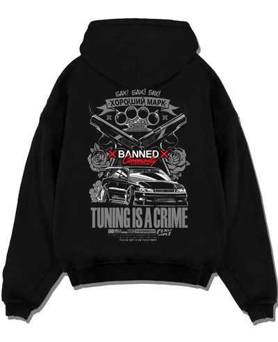Black pullover hoodie laid flat on a white background, featuring Toyota Supra JZA80 supra turbo racing drift jdm stance graphic.