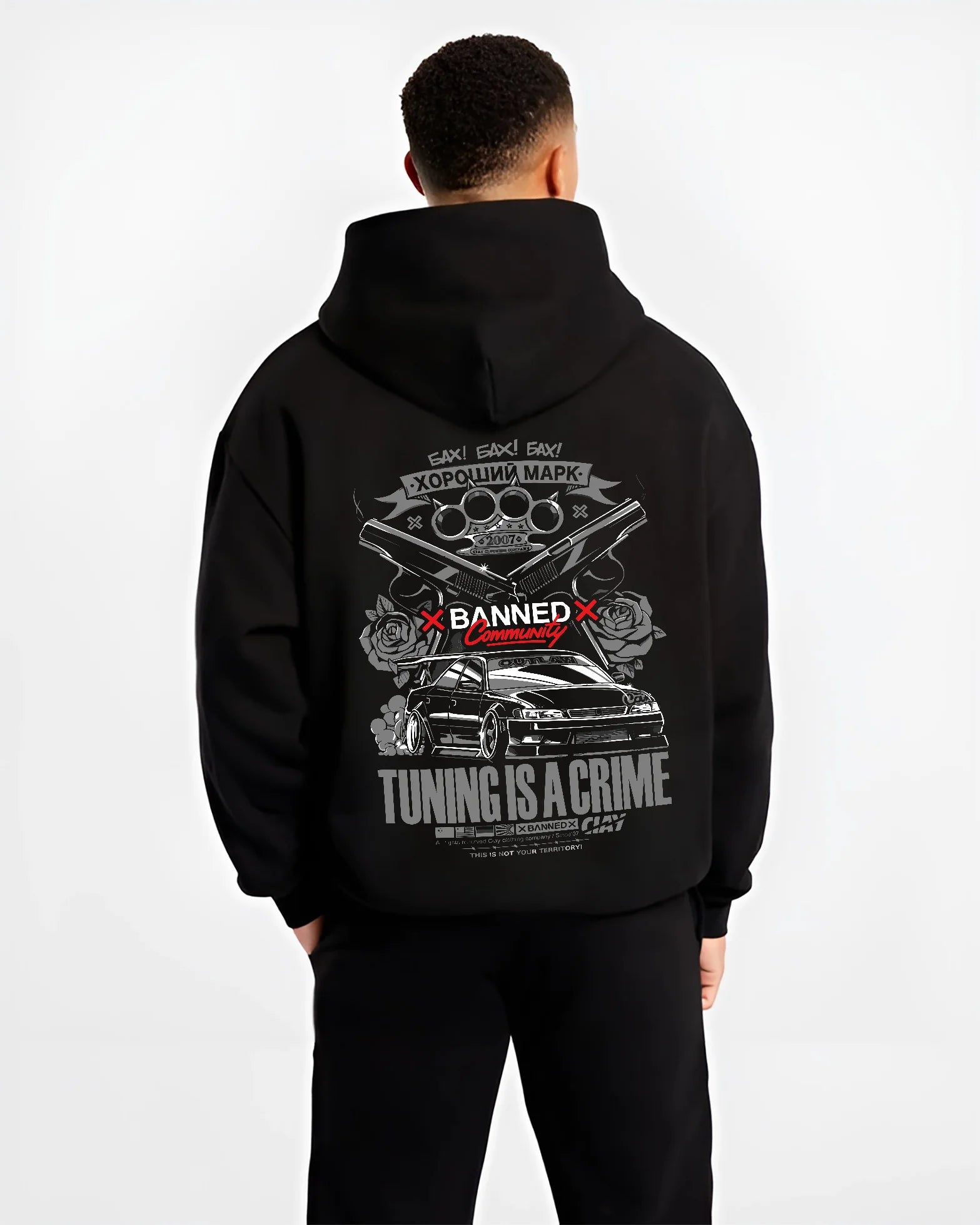 Black hoodie worn by a male model, back view, featuring Toyota Supra JZA80 supra turbo racing drift jdm stance widebody graphic.