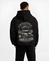 Black hoodie worn by a male model, back view, featuring Toyota Supra JZA80 supra turbo racing drift jdm stance widebody graphic.