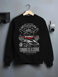 Black crewneck sweatshirt on a hanger against a grey wall, featuring Toyota Supra JZA80 supra turbo racing drift jdm stance graphic.