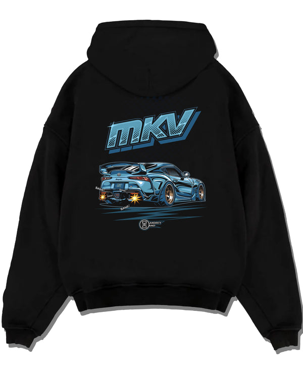 Black pullover hoodie laid flat on a white background, featuring Toyota AE86 racing drift jdm tuner initial d street toy7.