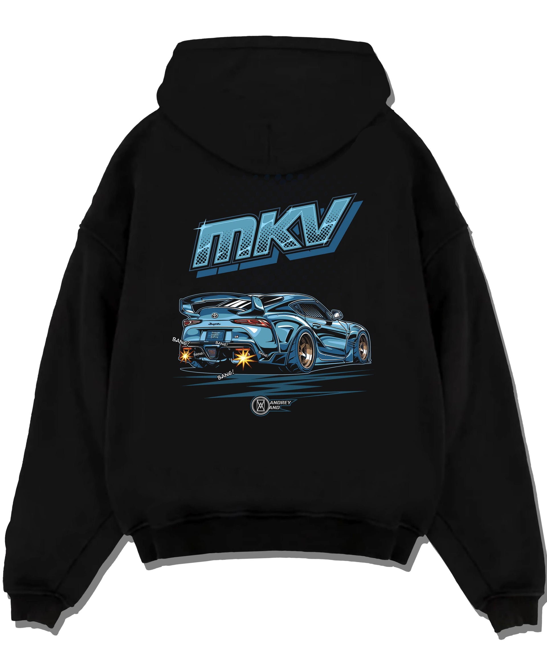 Black pullover hoodie laid flat on a white background, featuring Toyota AE86 racing drift jdm tuner initial d street toy7.