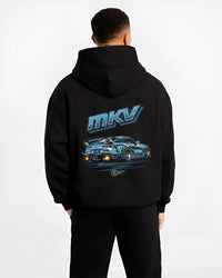 Black hoodie worn by a male model, back view, featuring Toyota AE86 racing drift jdm tuner initial d street classic graphic.