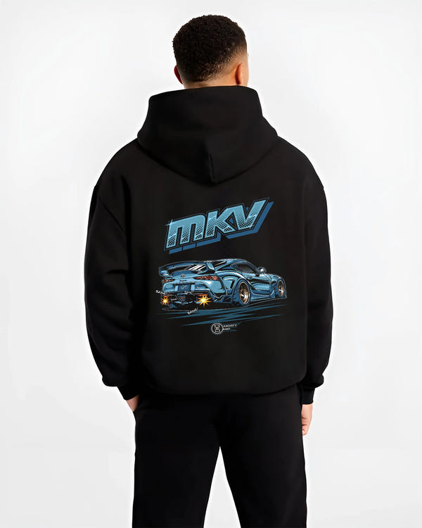 Black hoodie worn by a male model, back view, featuring Toyota AE86 racing drift jdm tuner initial d street classic graphic.