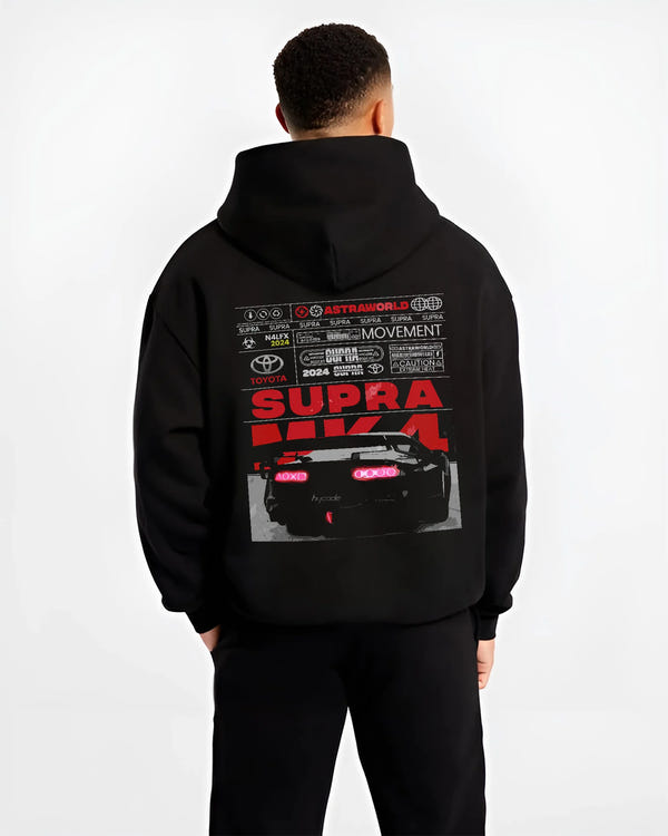 Black hoodie worn by a male model, back view, featuring Toyota MR2 turbo racing drift jdm tuner street classic graphic.