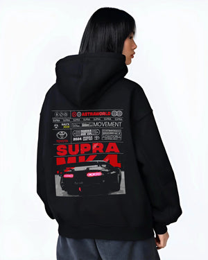 Black hoodie worn by a female model, back view, featuring Toyota MR2 turbo racing drift jdm tuner street classic graphic.