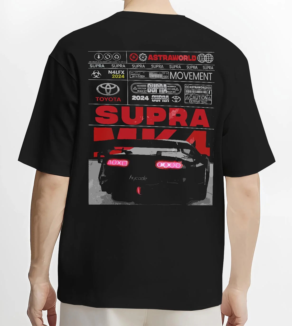 Black T-shirt worn by a male model, back view, featuring Toyota MR2 turbo racing drift jdm tuner street classic graphic.