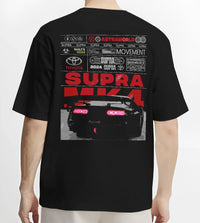 Black T-shirt worn by a male model, back view, featuring Toyota MR2 turbo racing drift jdm tuner street classic graphic.