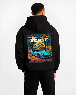 Black hoodie worn by a male model, back view, featuring rs racing track beast speed enthusiast street performance graphic.