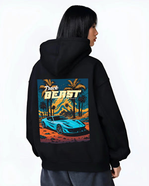 Black hoodie worn by a female model, back view, featuring rs racing track beast speed enthusiast street performance graphic.
