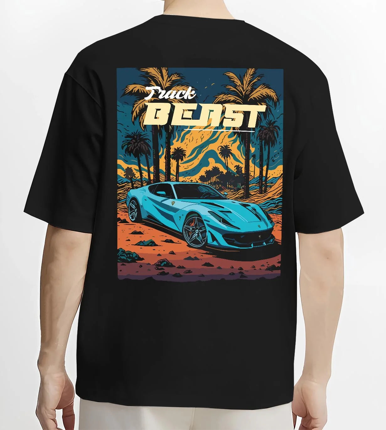 Black T-shirt worn by a male model, back view, featuring rs racing track beast speed enthusiast street performance graphic.