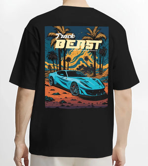 Black T-shirt worn by a male model, back view, featuring rs racing track beast speed enthusiast street performance graphic.