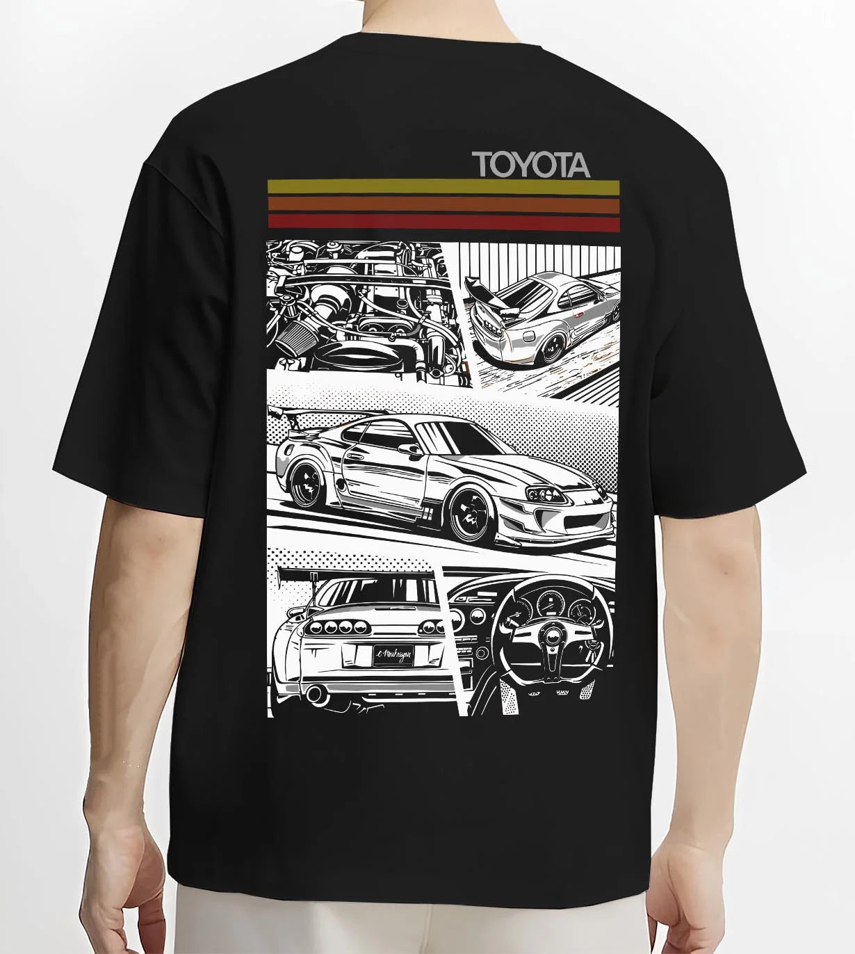 Black T-shirt worn by a male model, back view, featuring Toyota Supra rs racing jdm tuner street vintage enthusiast graphic.