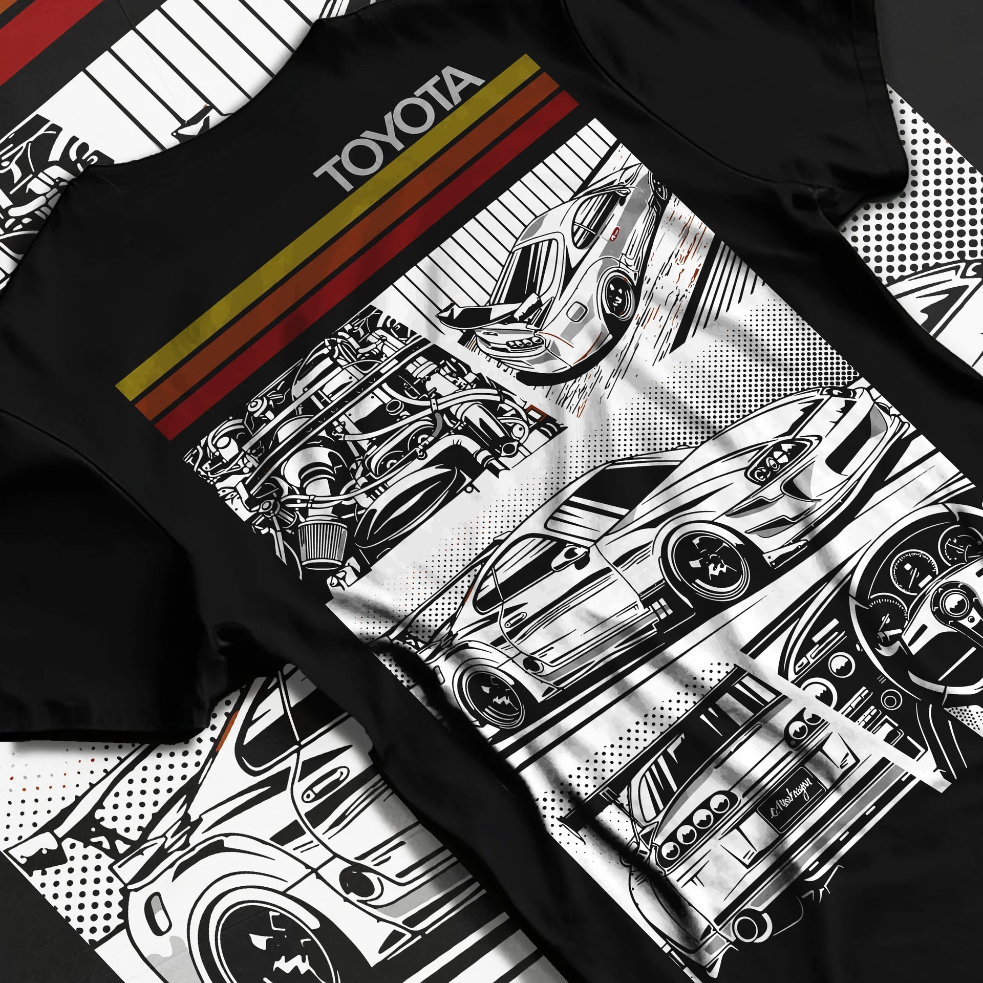 Black T-shirt laid flat with natural fabric folds, featuring Toyota Supra rs racing jdm tuner street vintage enthusiast graphic.