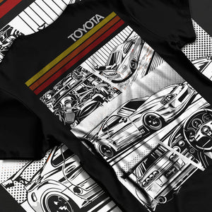 Black T-shirt laid flat with natural fabric folds, featuring Toyota Supra rs racing jdm tuner street vintage enthusiast graphic.