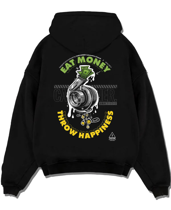 Black pullover hoodie laid flat on a white background, featuring turbo boost racing jdm tuning street performance graphic.