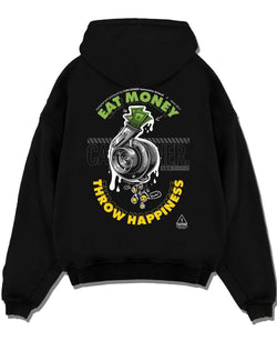 Black pullover hoodie laid flat on a white background, featuring turbo boost racing jdm tuning street performance graphic.