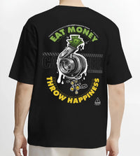 Black T-shirt worn by a male model, back view, featuring turbo boost racing jdm tuning street performance motorsport graphic.