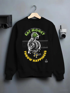 Black crewneck sweatshirt on a hanger against a grey wall, featuring turbo boost racing jdm tuning street performance graphic.