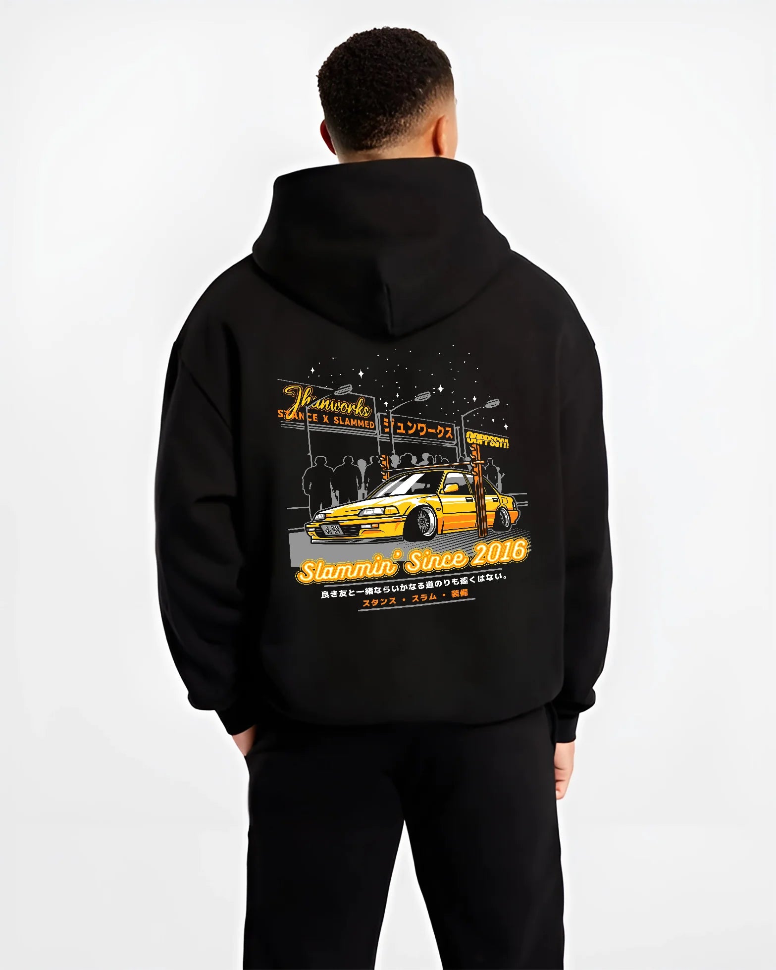 Black hoodie worn by a male model, back view, featuring Honda rs type r racing motorsport jdm street performance graphic.