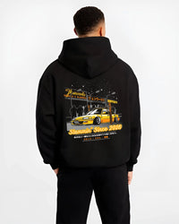 Black hoodie worn by a male model, back view, featuring Honda rs type r racing motorsport jdm street performance graphic.