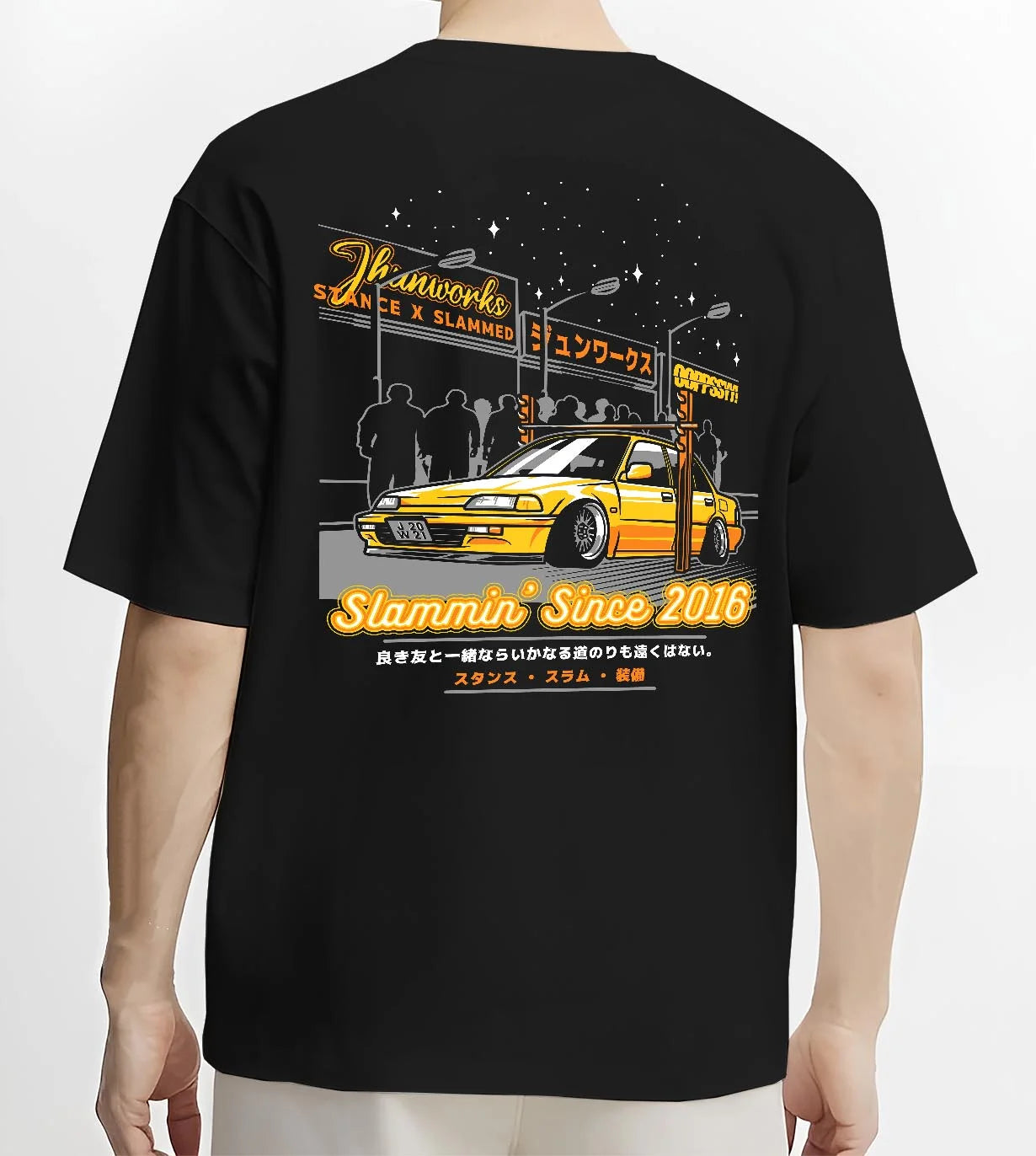 Black T-shirt worn by a male model, back view, featuring Honda rs type r racing motorsport jdm street performance graphic.