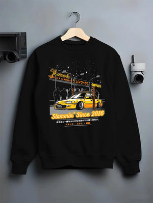 Black crewneck sweatshirt on a hanger against a grey wall, featuring Honda rs type r racing motorsport jdm street graphic.