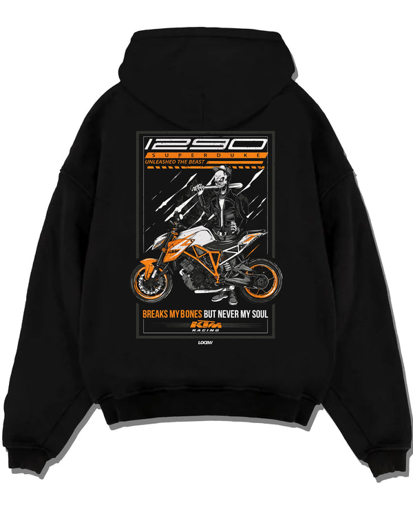 Black pullover hoodie laid flat on a white background, featuring KTM racing street beast performance motorsport automotive graphic.
