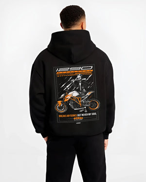 Black hoodie worn by a male model, back view, featuring KTM racing street beast performance motorsport automotive graphic.