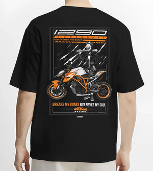 Black T-shirt worn by a male model, back view, featuring KTM racing street beast performance motorsport automotive graphic.