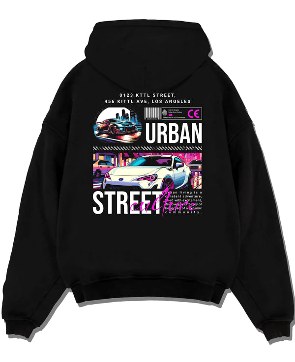 Black pullover hoodie laid flat on a white background, featuring racing japanese street retro performance motorsport graphic.