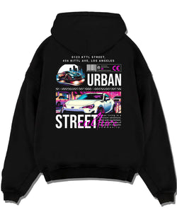 Black pullover hoodie laid flat on a white background, featuring racing japanese street retro performance motorsport graphic.