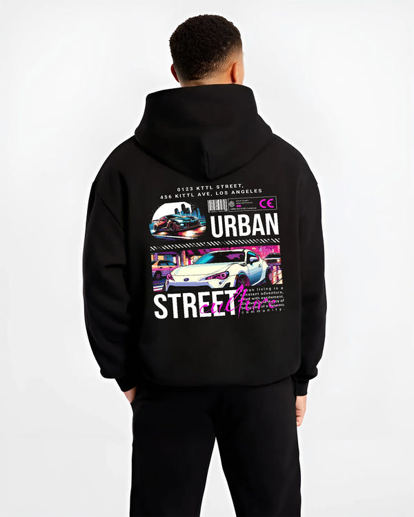 Black hoodie worn by a male model, back view, featuring racing japanese street retro performance motorsport automotive graphic.