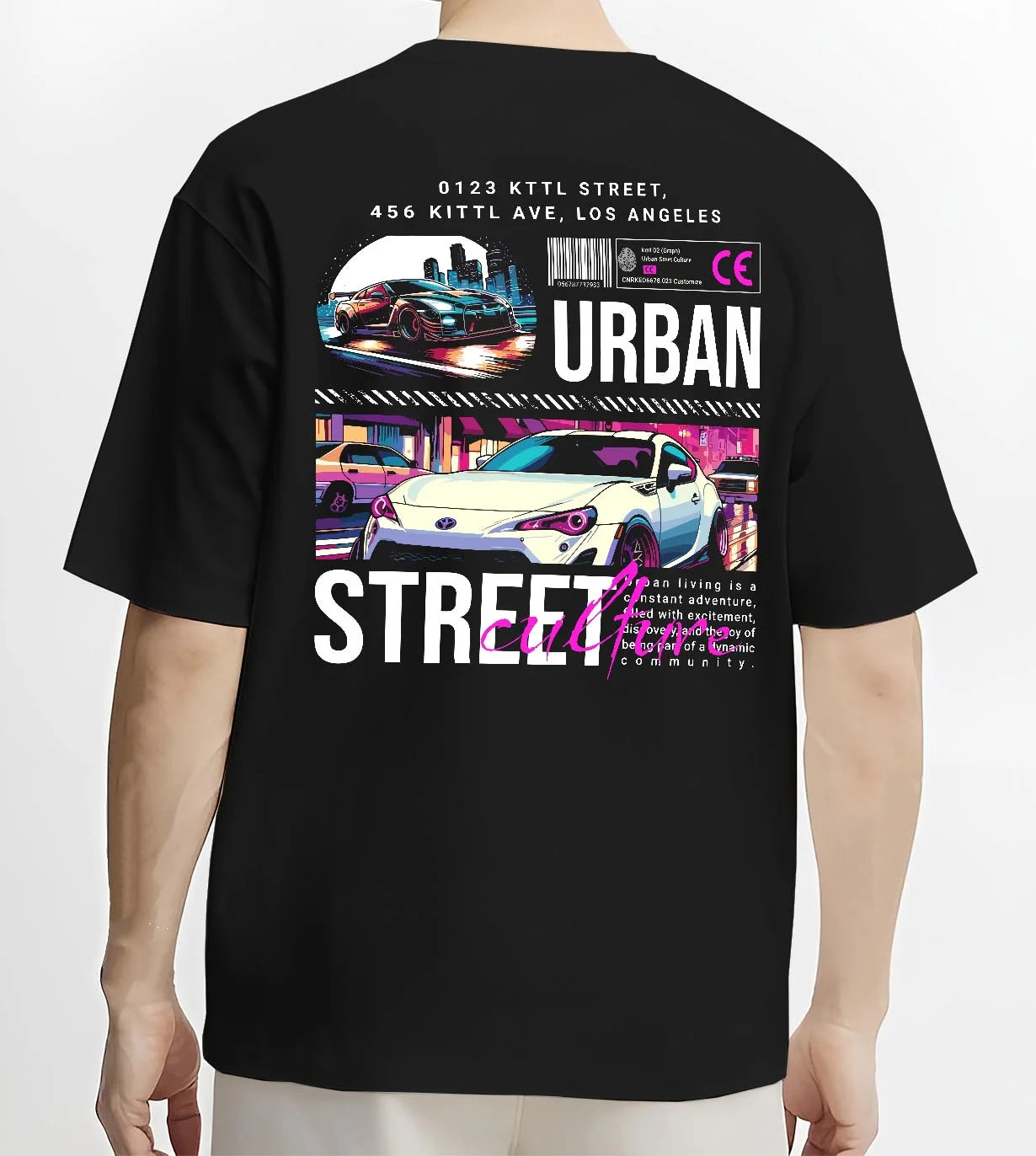 Black T-shirt worn by a male model, back view, featuring racing japanese street retro performance motorsport automotive graphic.