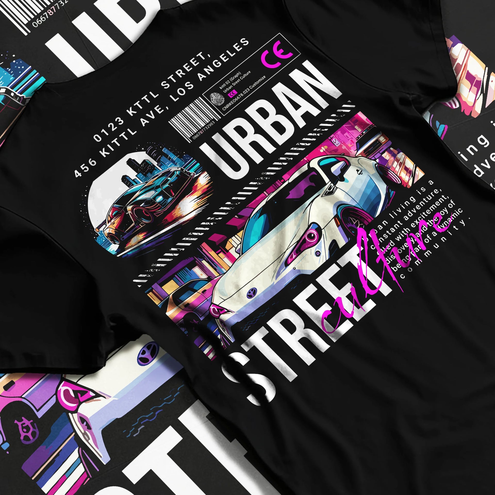 Black T-shirt laid flat with natural fabric folds, featuring racing japanese street retro performance motorsport automotive graphic.