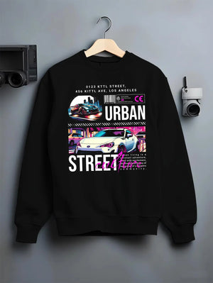 Black crewneck sweatshirt on a hanger against a grey wall, featuring racing japanese street retro performance motorsport graphic.