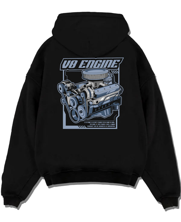 Black pullover hoodie laid flat on a white background, featuring rs v8 muscle street racing performance motorsport graphic.