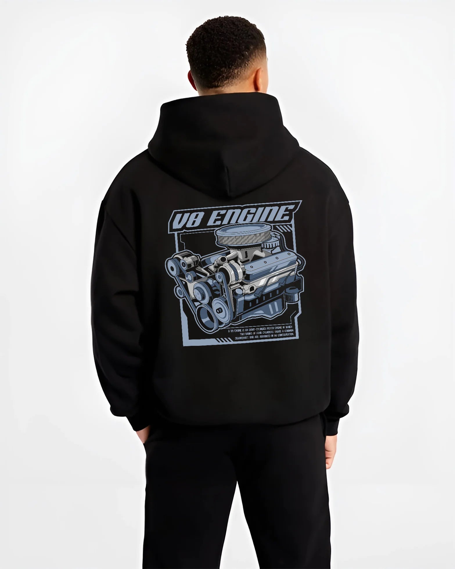 Black hoodie worn by a male model, back view, featuring rs v8 muscle street racing performance motorsport automotive graphic.