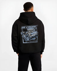 Black hoodie worn by a male model, back view, featuring rs v8 muscle street racing performance motorsport automotive graphic.