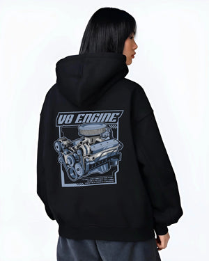 Black hoodie worn by a female model, back view, featuring rs v8 muscle street racing performance motorsport automotive graphic.