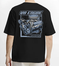 Black T-shirt worn by a male model, back view, featuring rs v8 muscle street racing performance motorsport automotive graphic.