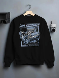 Black crewneck sweatshirt on a hanger against a grey wall, featuring rs v8 muscle street racing performance motorsport graphic.